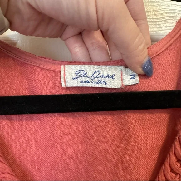 Blu Orchid Coral Pink Italian Linen Rosette Neck Sleeveless Mini Shirt Dress Med - Picture 5 of 13